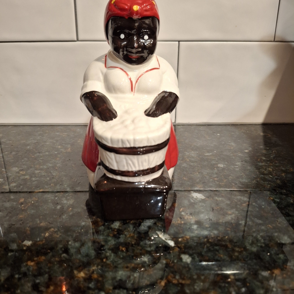 Vintage Ceramic Black American Mammy Piggy Bank  with Red and White Dress